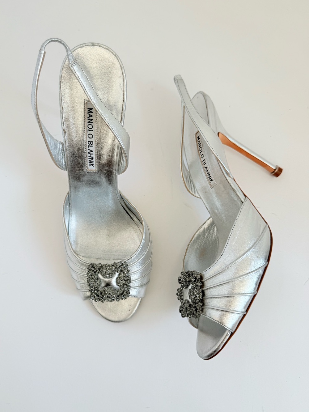 Manolo Blahnik Cassia Silver Leather Crystal Buckle Slingback Heels 40.5